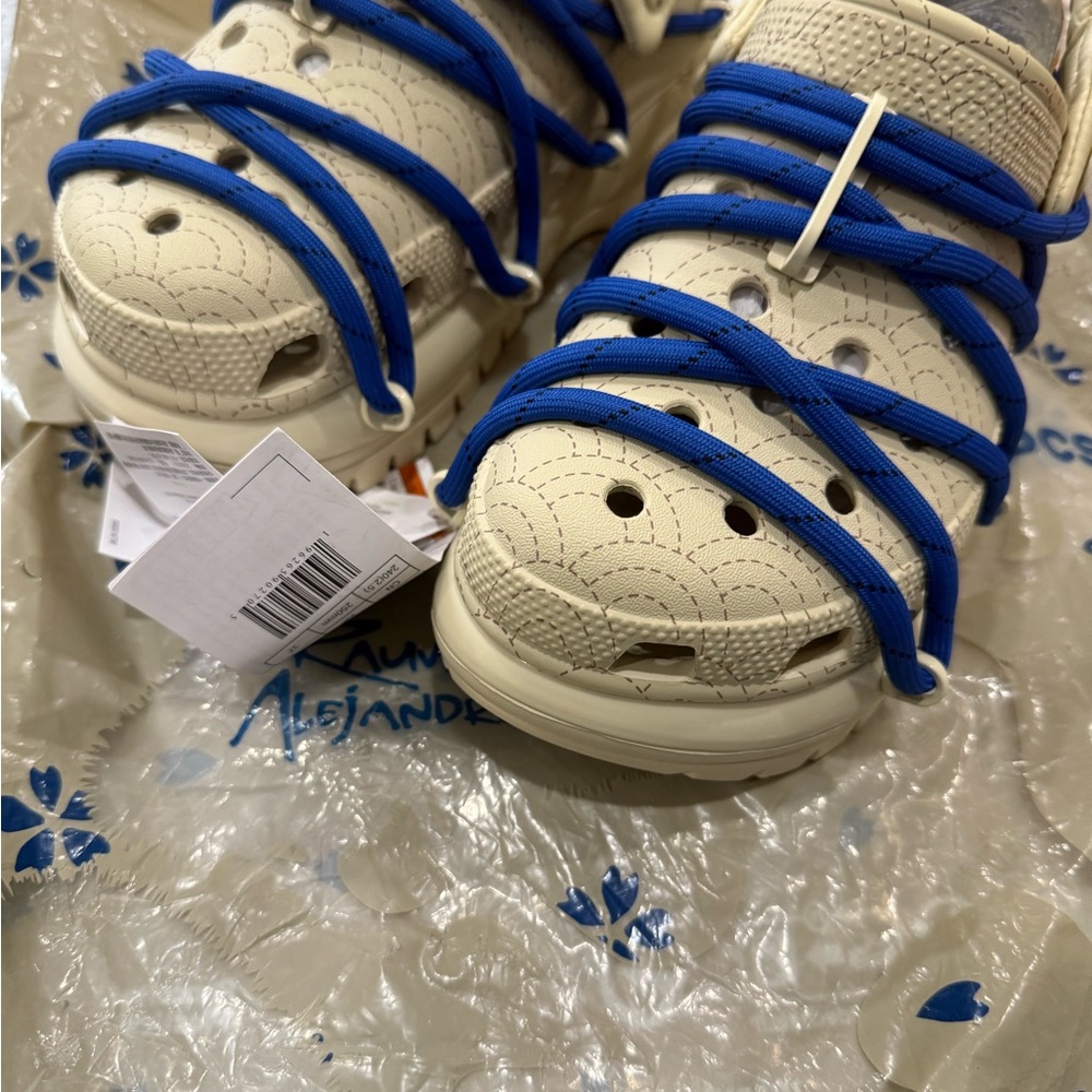 RAUW ALEJANDRO CROCS Cream and Blue Classic Lace-Up Mules